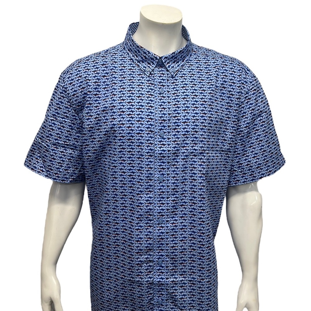 NWT Johnston & Murphy Blue Red Shark Print Cotton Men's Short Sleeve Shirt 3XL